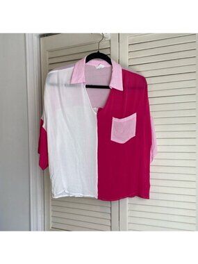 Pink & White Color Block Flowy Blouse By Andree By Unit Size L